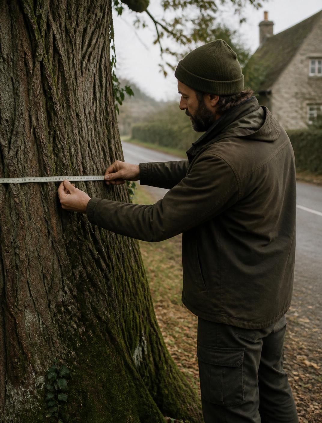 A consultant measuring the girth of a protected roadside tree with a diameter tape.