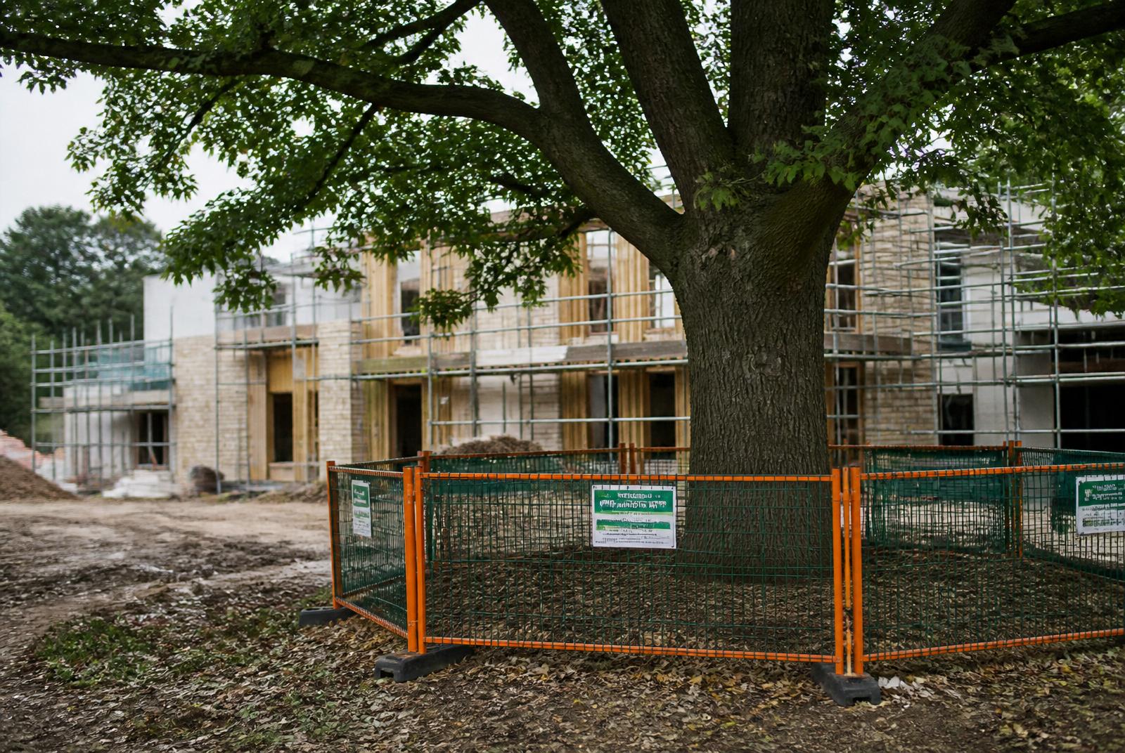 A retained mature tree ringed by protective fencing on an active development site.