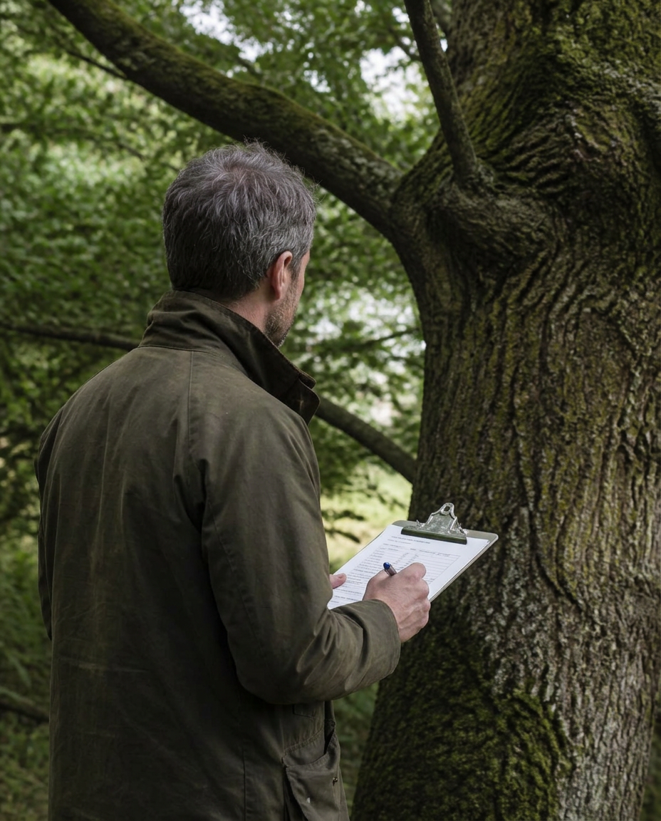 Al Buchanan, founder of Ecovo, photographed beside a mature oak during a site visit.